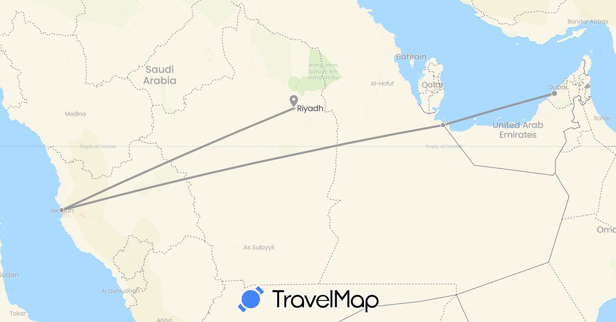 TravelMap itinerary: driving, plane in United Arab Emirates, Saudi Arabia (Asia)